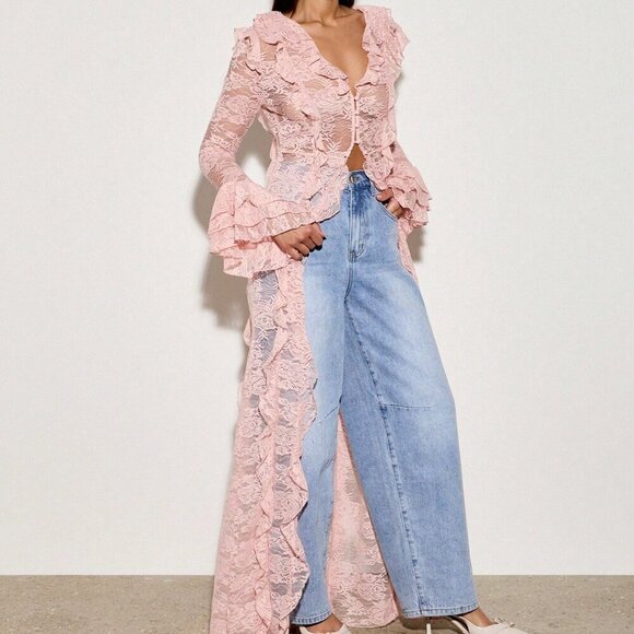 Baby Pink Sexy Women's Boho Lace Ruffle Maxi Blouse - Picture 5 of 6